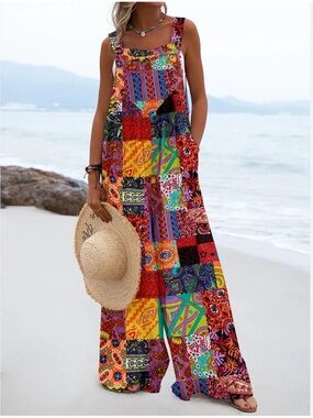 Boho Patchwork Wide-Leg Jumpsuit - Multicolor